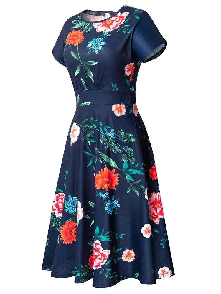 Nice-forever Vintage Elegant Floral Print Pleated Round neck vestidos A-Line Pinup Business Party Women Flare Swing Dress A102