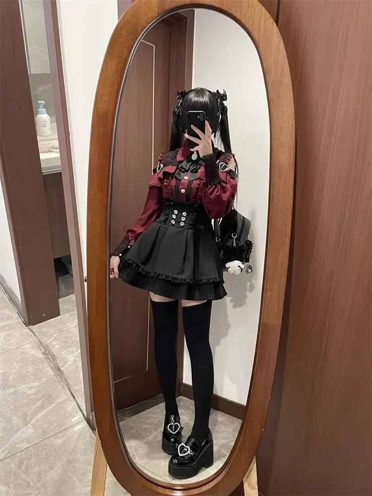 Sweet Gothic Lolita Two Piece Set, Off Shoulder Blouse + High Waist Skirt, Kawaii Tri-color Lace Coord Outfit for Women & Teens