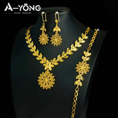 Luxury Dubai Wedding Jewelry Set 21k Gold Plated Arab Bridal Gold Necklace Bracelet Earrings Brazilian Women Vintage Jewelrys