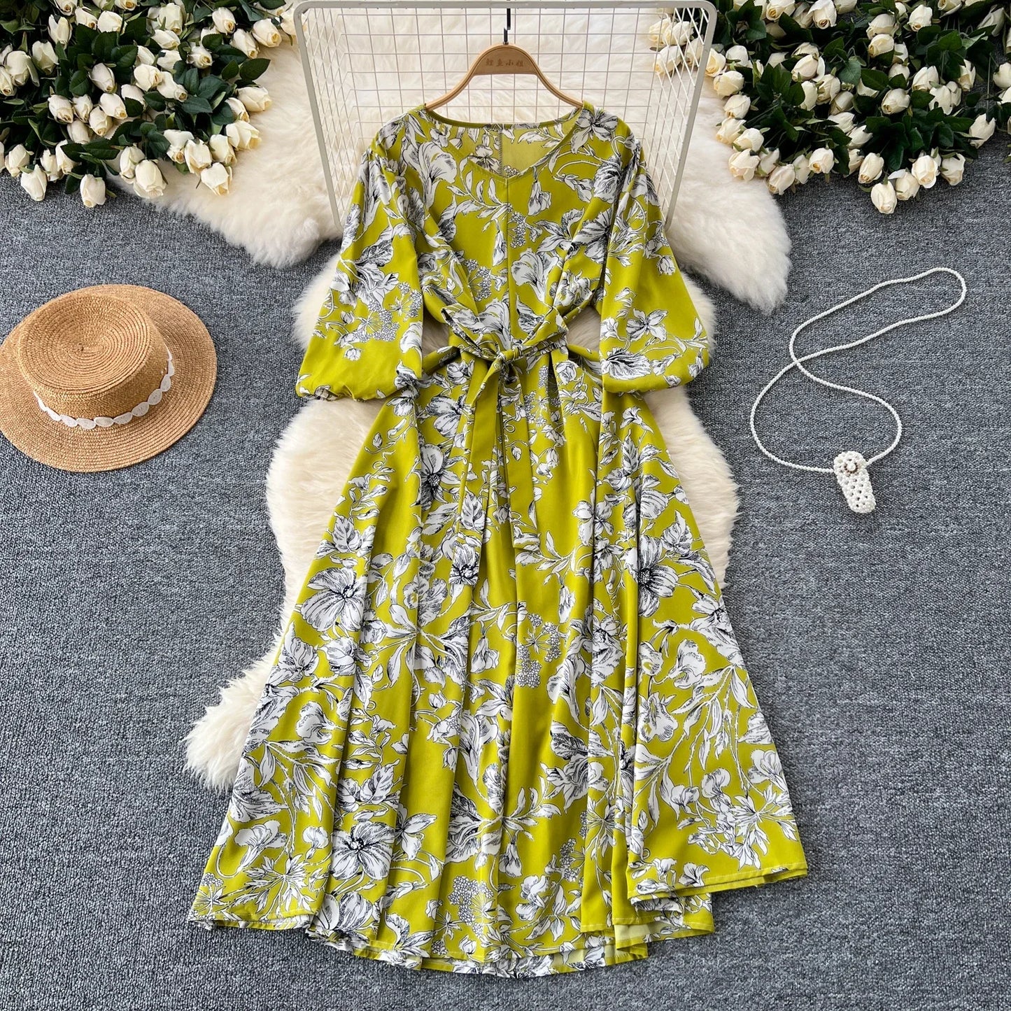 Elegant Boho Floral Print Floral Pleated Maxi Long Dress Female V Neck Puff Sleeve Belt Dresses Women Summer Dress Robe