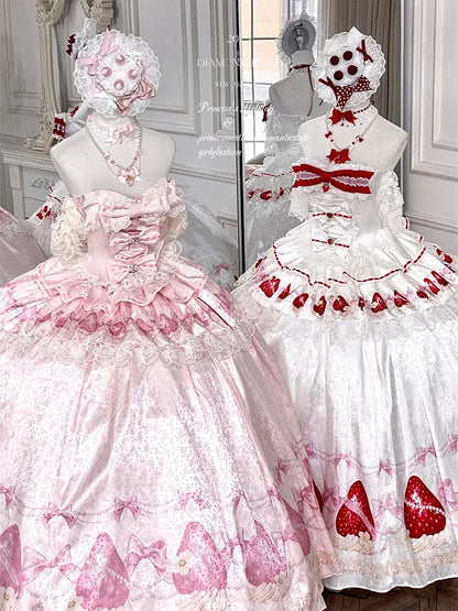 Sweet Princess Style Birthday Anniversary Wedding Dress New Lolita Cute Bow Sexy Strapless Girl Temperament Puffy Lace Dresses