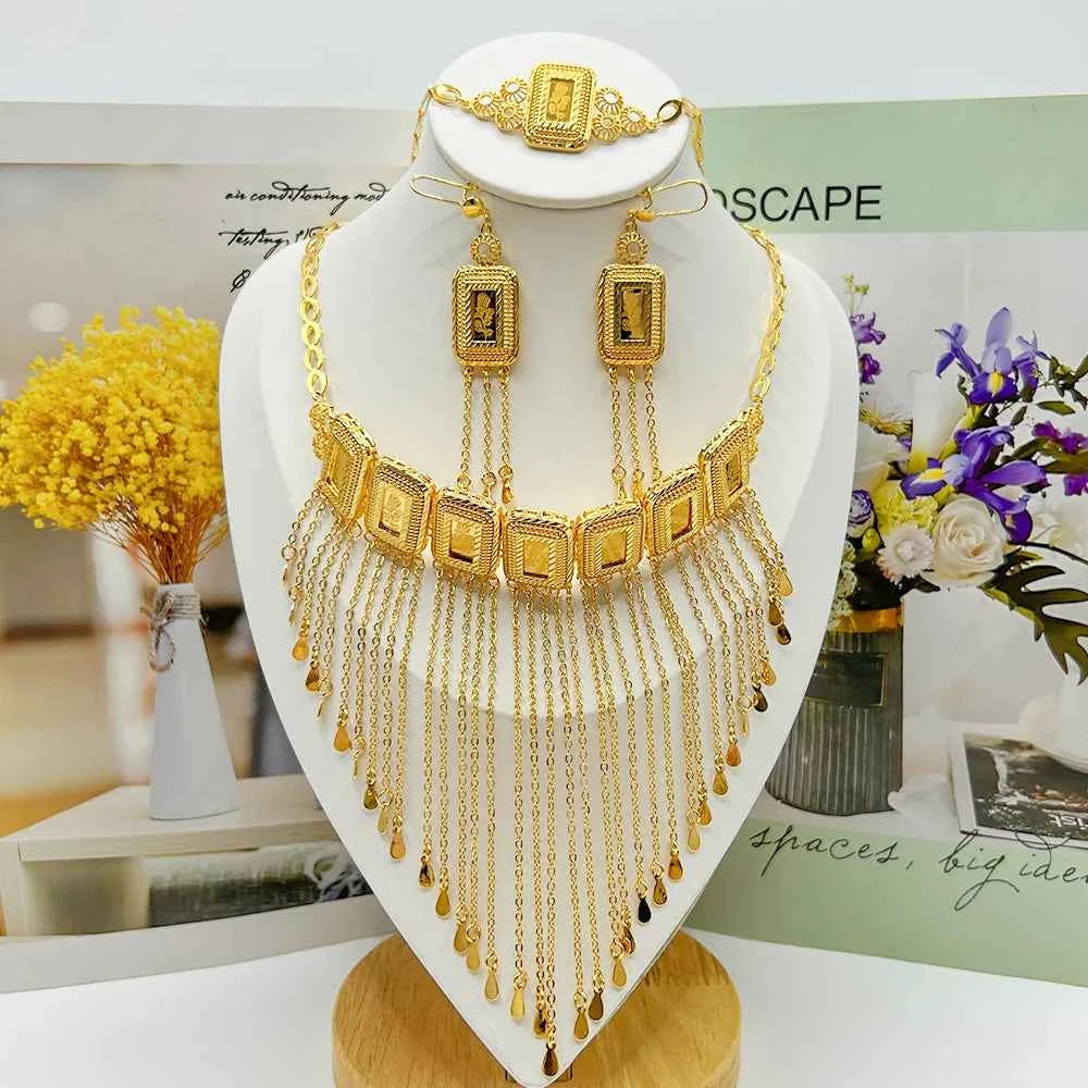 Earring Tassel Necklace Middle East 4pcs Jewelry Women Cuff Bangles with Ring Jewelry Dubai Fashion Set African Jewelry Wedding