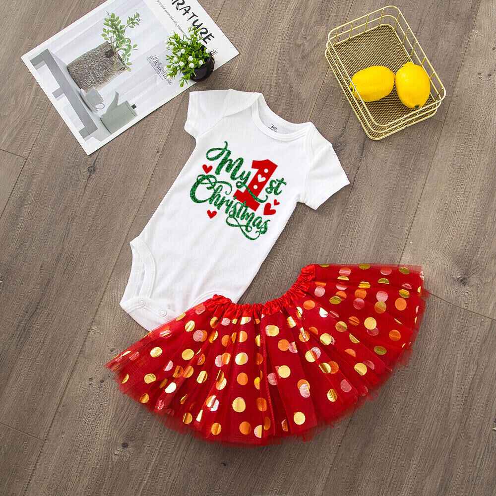 My 1st Christmas Baby bodysuit + Dress set Christmas Party Baby girl Dresses Infant short Sleeve cake Dress Set Toddler Clothing