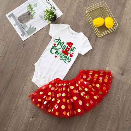 My 1st Christmas Baby bodysuit + Dress set Christmas Party Baby girl Dresses Infant short Sleeve cake Dress Set Toddler Clothing