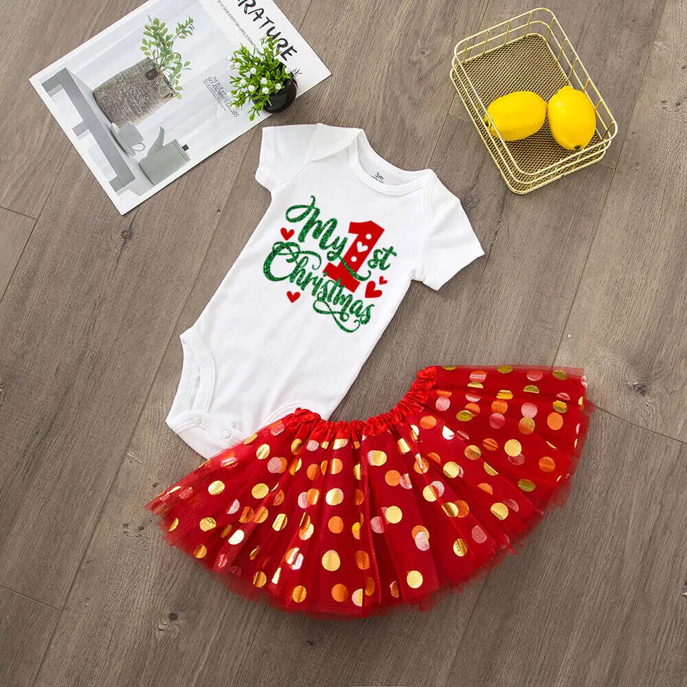 My 1st Christmas Baby bodysuit + Dress set Christmas Party Baby girl Dresses Infant short Sleeve cake Dress Set Toddler Clothing