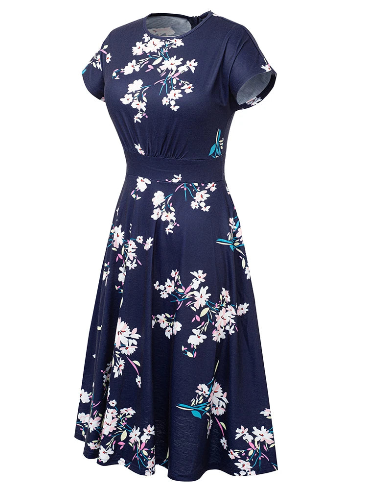 Nice-forever Vintage Elegant Floral Print Pleated Round neck vestidos A-Line Pinup Business Party Women Flare Swing Dress A102