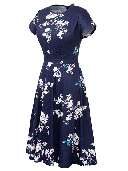 Nice-forever Vintage Elegant Floral Print Pleated Round neck vestidos A-Line Pinup Business Party Women Flare Swing Dress A102