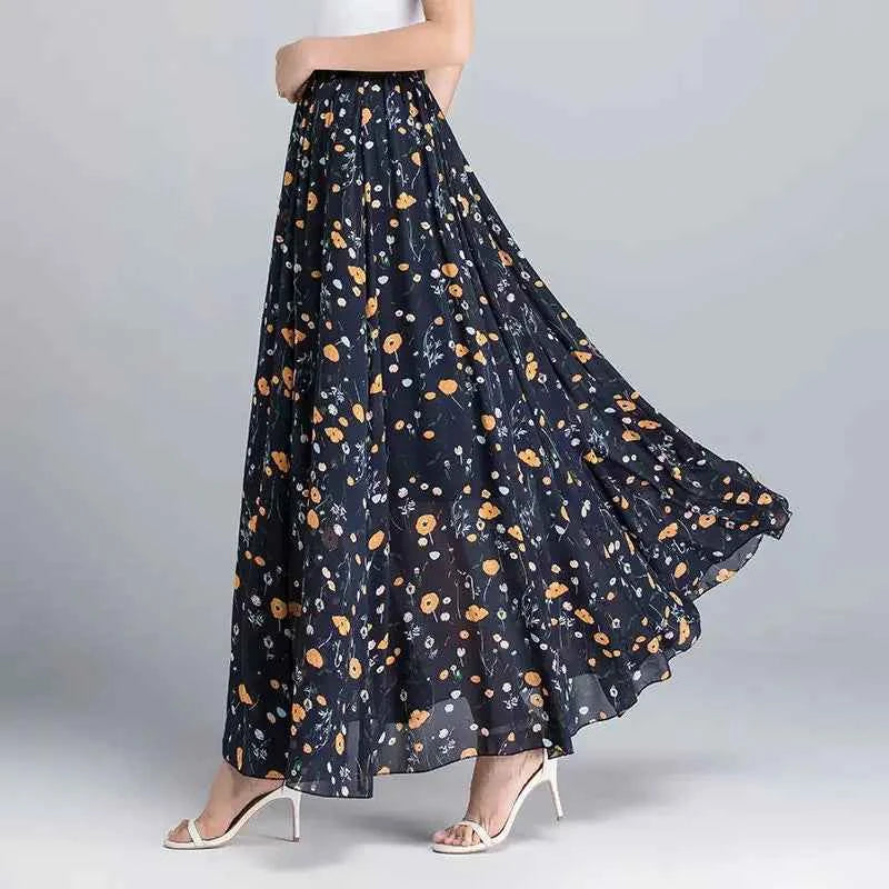 Chiffon Floral Maxi Summer Skirt Women Long High Waist Holiday Dance Skirt Elegant Beach Boho Hot Sale Lady Vintage Girl Fairy