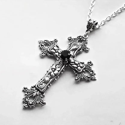 Large Detailed Cross Black Drill Jewel Necklace Silver Color Tone Pendant Goth Punk Jewellery Fashion Charm Statement Women Gift - AMULET RING STORE