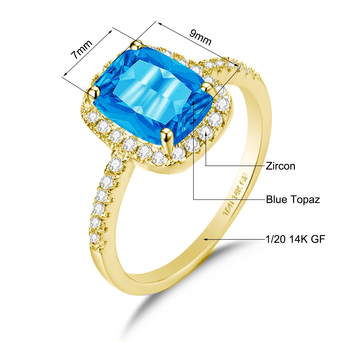 Solid 14K Gold Filled Aquamarine Ring for Women Retro Halo Design Gemstone Ring for Party Mother's Day Gifts Vintage Jewellery