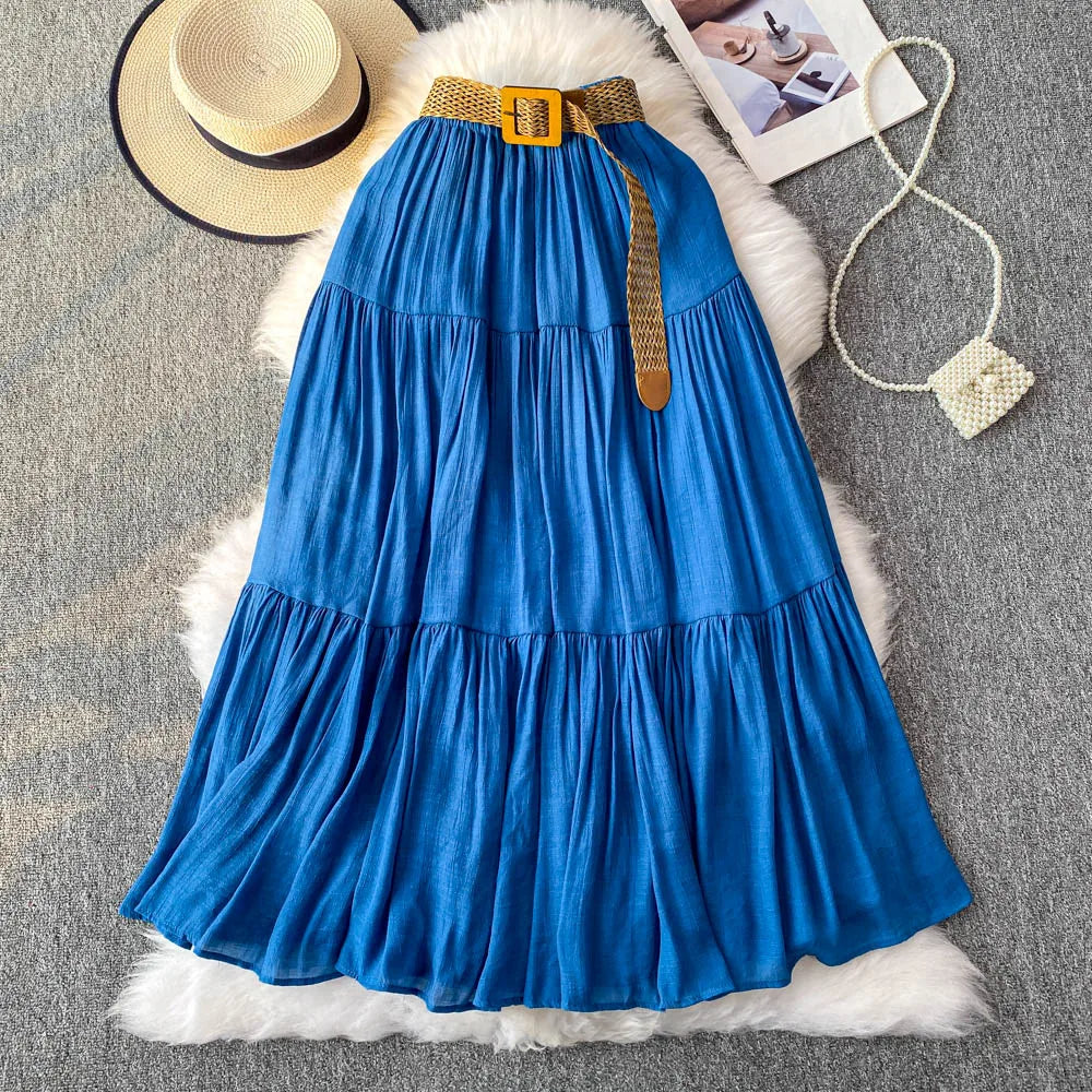 White High Waist A-Line Midi Skirt Women's Summer Casual Flared Cake Skirt Korean Sle Baking Poer Skirt for Young Women