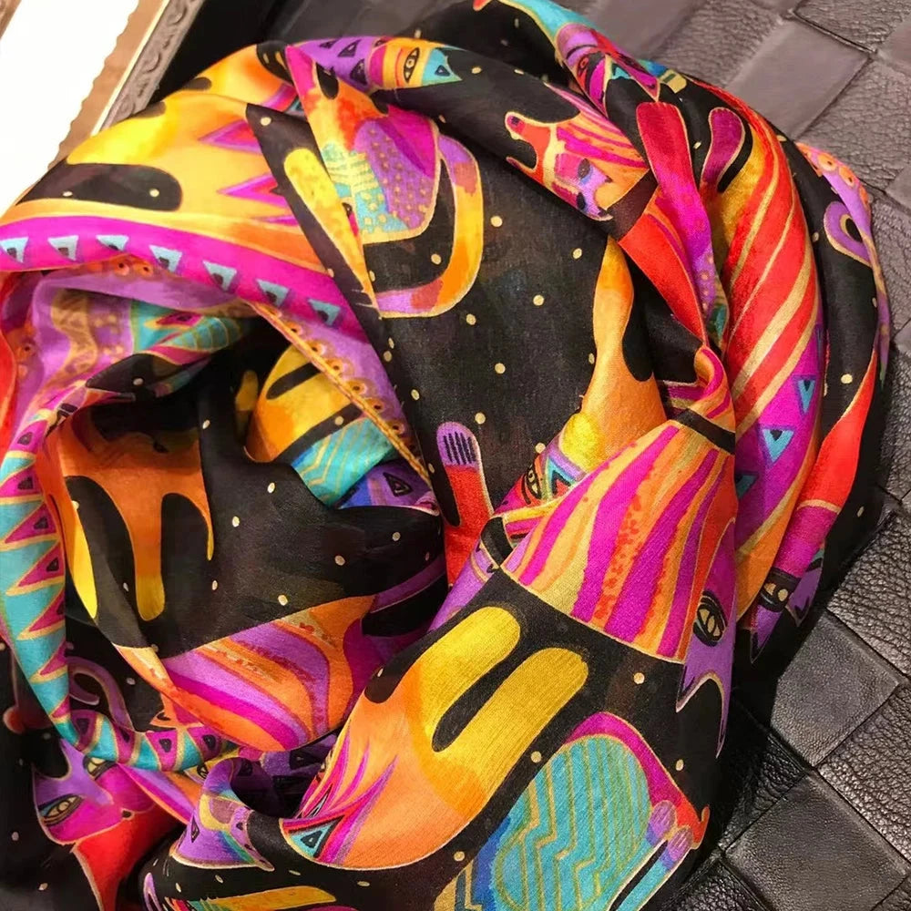 Brand Beige Cartoon Cat 100% Silk Scarf Shawl Bufanda Women Spring Fall Fashion Large Size Winter Long Scarves Bufanda 180*110cm