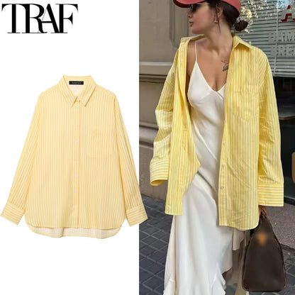 HXAO Women's Striped Shirt Long Sleeve Yellow Shirt Spring Summer Long Button Up Shirts And Blouses Casual Loose Fit Shirt