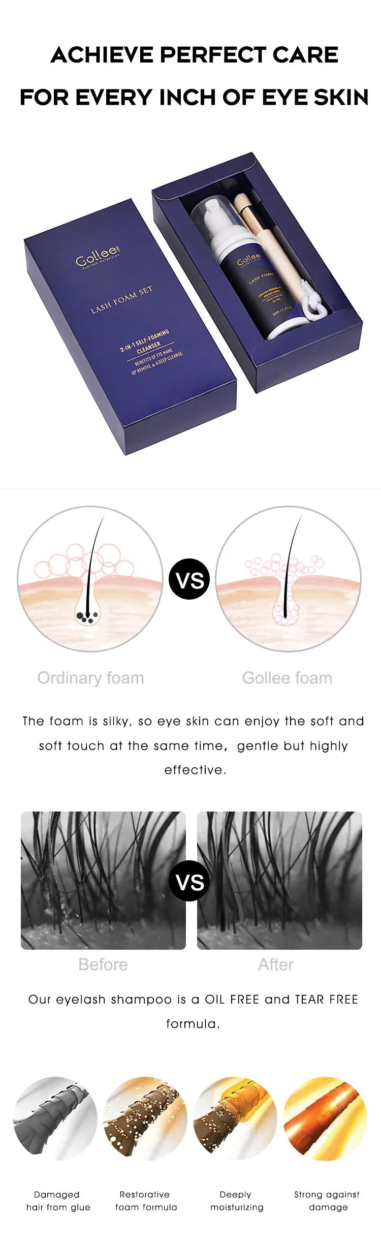 Gollee Clean Eyelash Glue Lash Foam Kit Eyelash Cleaning Foam 50ml/100ml Brush Shampoo Eyelash Extension Cleaning Gentle Makeup - AMULET RING STORE