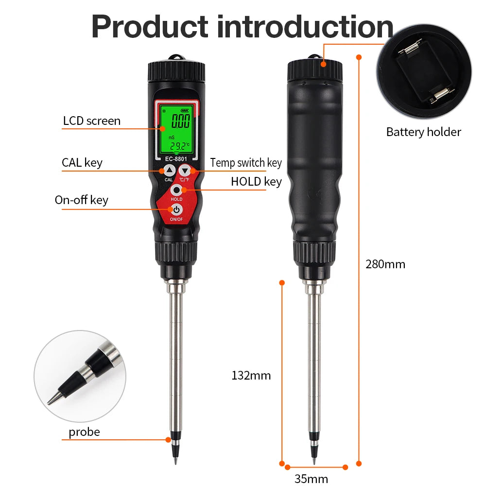 2 In 1 Soil EC Meter Handheld Digital Soil Tester Multifunction EC Temp Detector Backlit Soil EC Analyzer for Garden Greenhouse - AMULET RING STORE