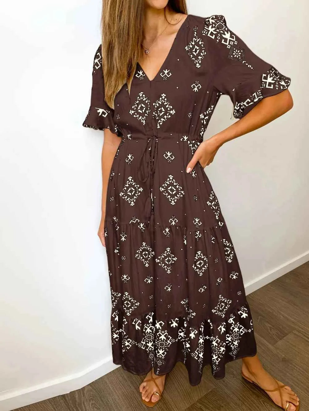 Plus Size Womens Summer Loose Boho Flowy Wrap V Neck 3/4 Sleeve Floral Print Slit Beach Wedding Guest Long Maxi Dresses Vistidos