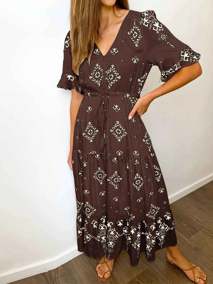 Plus Size Womens Summer Loose Boho Flowy Wrap V Neck 3/4 Sleeve Floral Print Slit Beach Wedding Guest Long Maxi Dresses Vistidos