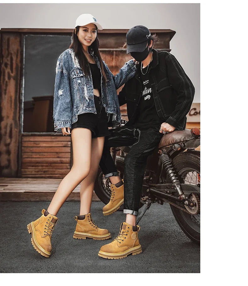 Boots Men High Top Boots High Quality Women Leather Shoes Fashion Outdoor Sneakers Men Lace Up Non-Slip Ankle Boots for Couple - AMULET RING STORE