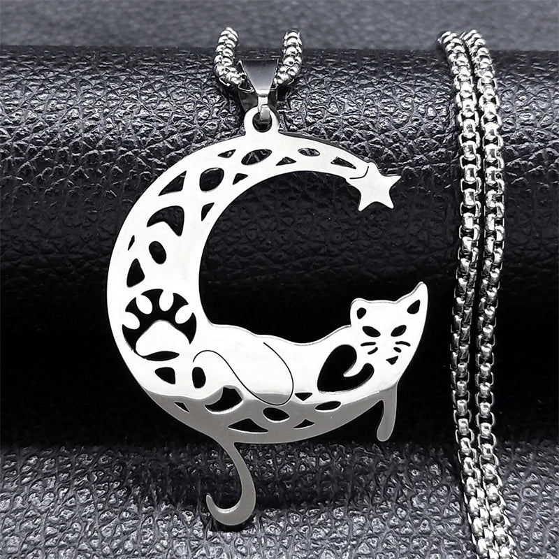 Aesthetic Cat Flower Moon Crescent Necklace for Women Men Stainless Steel Silver Color Bohemia Chain Gift Jewelry collar 3220