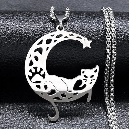 Aesthetic Cat Flower Moon Crescent Necklace for Women Men Stainless Steel Silver Color Bohemia Chain Gift Jewelry collar 3220