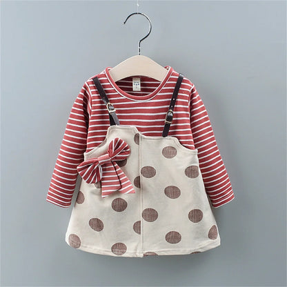 Spot Girls Dress Autumn Children Wear New Fashion Polka Dot Print Bow Long Sleeve Fake Two-piece Children's Skirt - AMULET RING STORE