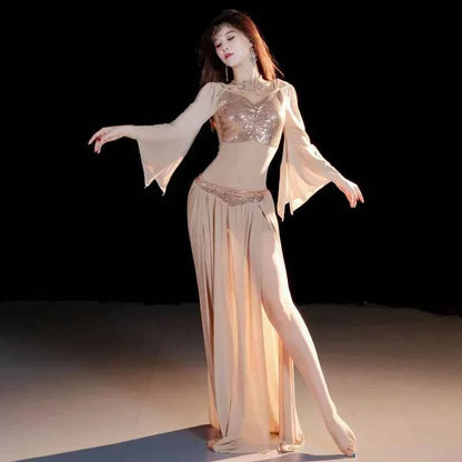 Belly Dancing Wear Outfit for Women Mesh Long Sleeves Top+gauze Long Skirt 2pcs Training Set Oriental Belly Dance Costume Set
