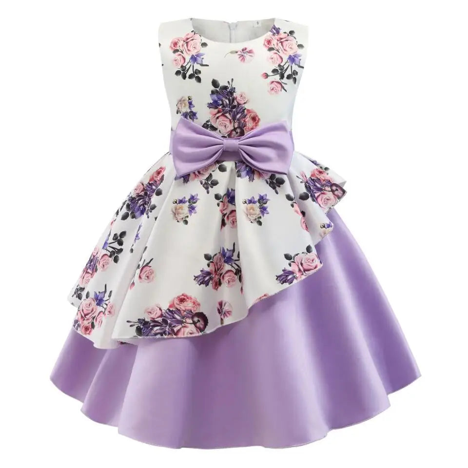Summer Girls Rose Print Dress Princess Wedding Birthday Party Frocks Satin Children Vestidos Dresses For Girl Christmas Clothing