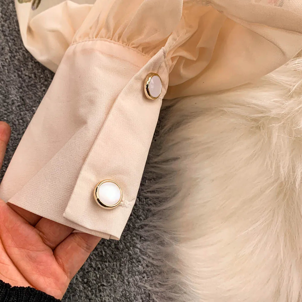 Faionable Print Long Dr Women's Spring Belted Waist Pleated Lantern Sve Turn-down Collar Dr Korean Sle Commute