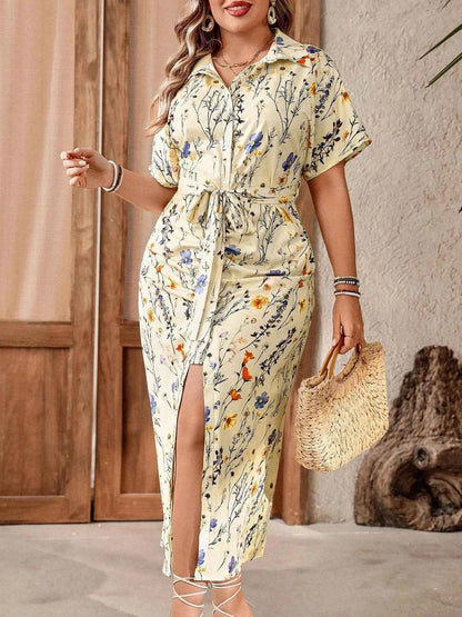【Plus Size】 Floral Print Belted Wrap Dress, Modest Elegant V Neck Short Sleeve Dress for Women, Women's Plus Clothing for Summer