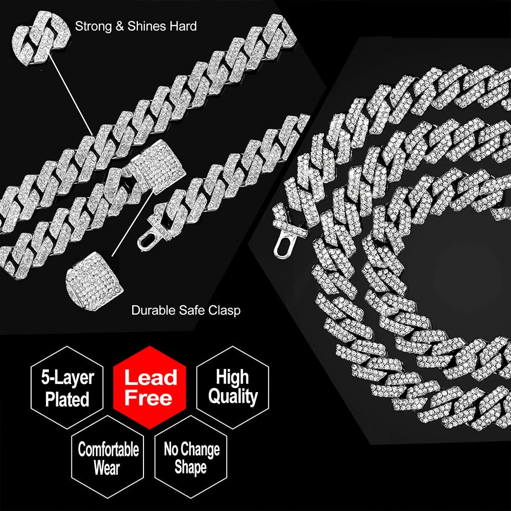 Iced Out Bling AAA Rhinestones Prong Cuban Link Chain Men's Necklace 2 Row Crystal Curb Cuban Chain Hip Hop Jewelry 13/14/20MM - AMULET RING STORE