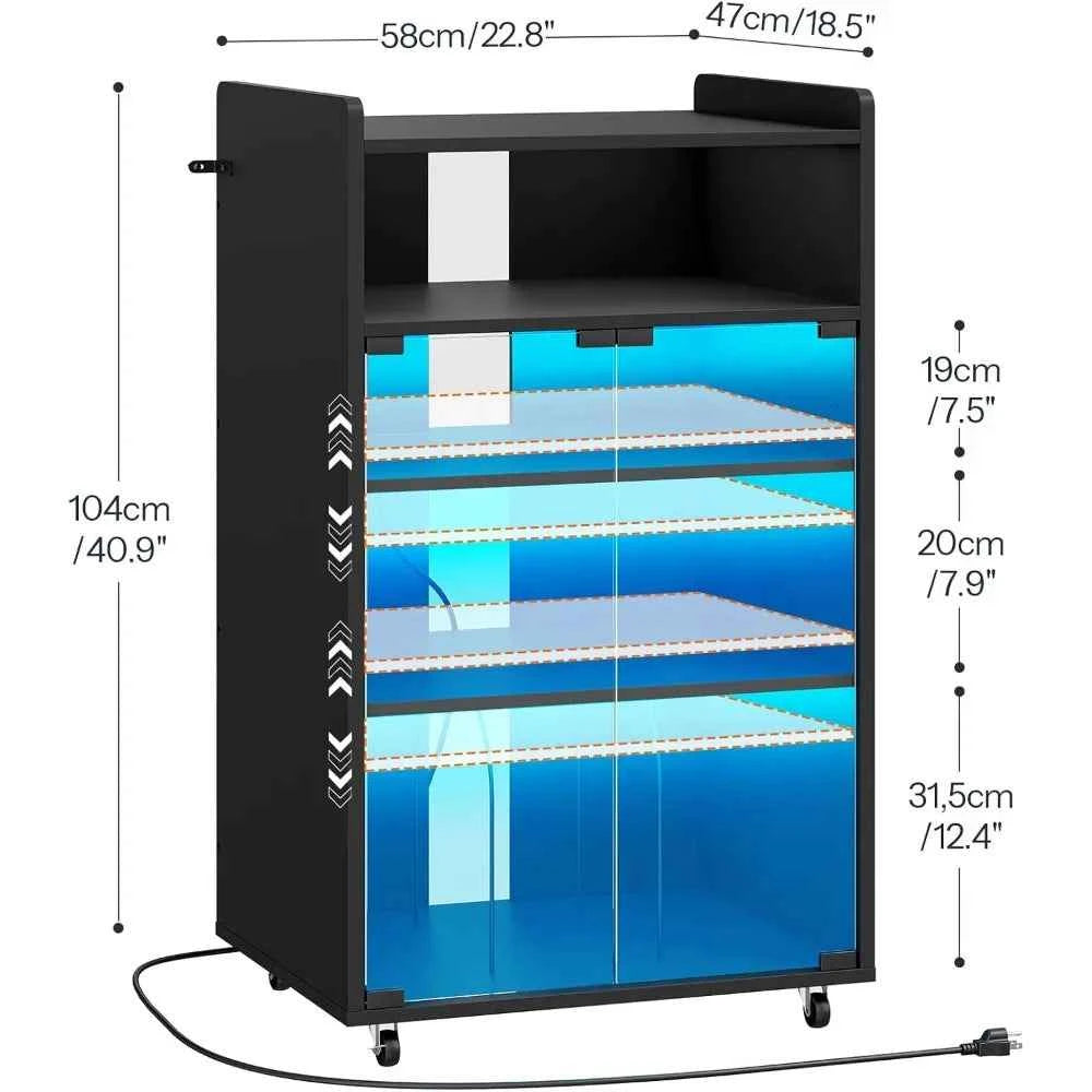 5-Tier Media Cabinet with Charging Station, LED Light, and Glass Door Storage for Audio Stereo Equipment