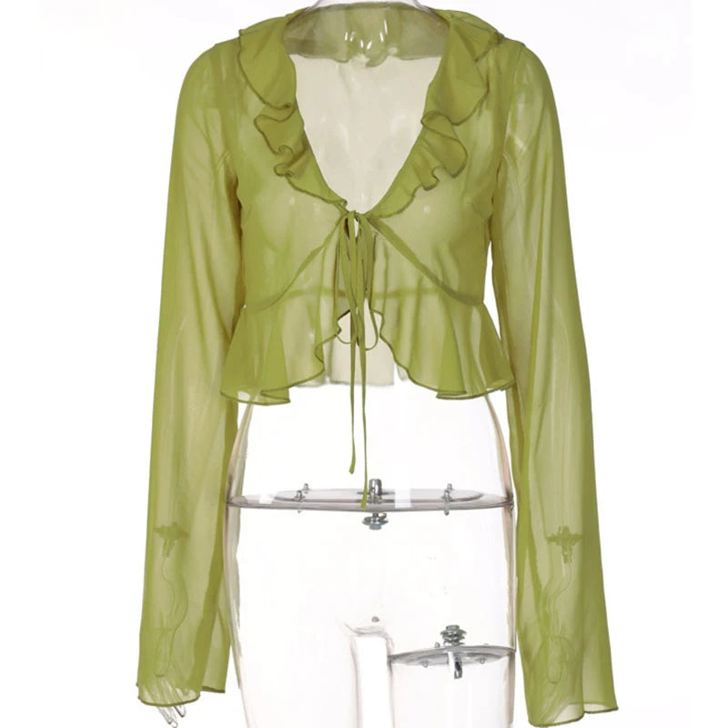 Vintage 90s Streetwear Ruffles Trim Green Chiffon T-shirts Y2K Fashion Sexy Deep V Lace Up Long Sleeve Tops Transparent - AMULET RING STORE
