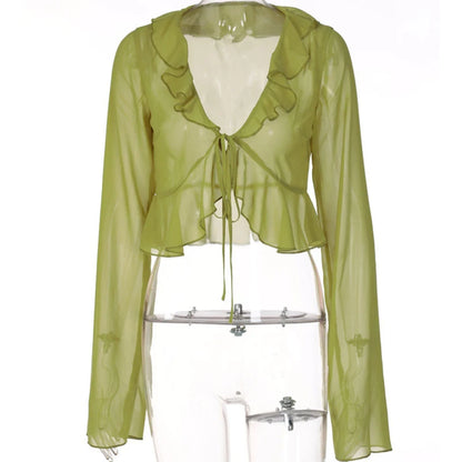 Vintage 90s Streetwear Ruffles Trim Green Chiffon T-shirts Y2K Fashion Sexy Deep V Lace Up Long Sleeve Tops Transparent - AMULET RING STORE