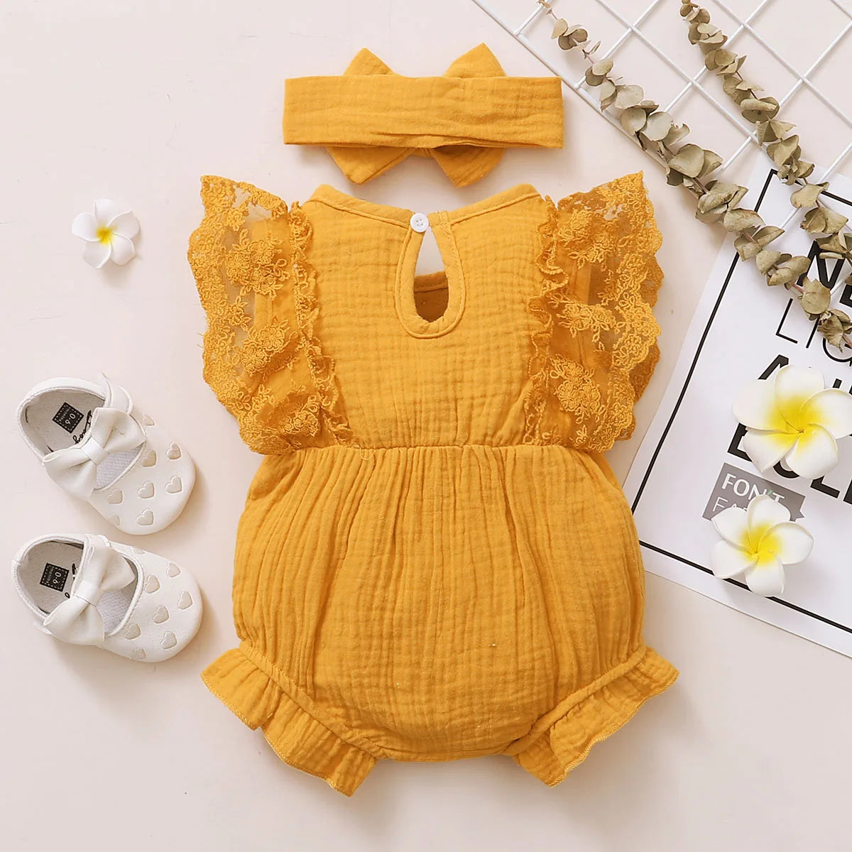 0-18 Months Newborn Baby Girl Plain Soft Bodysuit Lace Flared Sleeve Summer Romper with Headband Toddler Baby Girl Clothing
