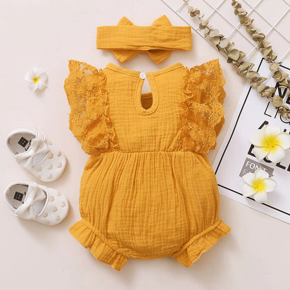 0-18 Months Newborn Baby Girl Plain Soft Bodysuit Lace Flared Sleeve Summer Romper with Headband Toddler Baby Girl Clothing
