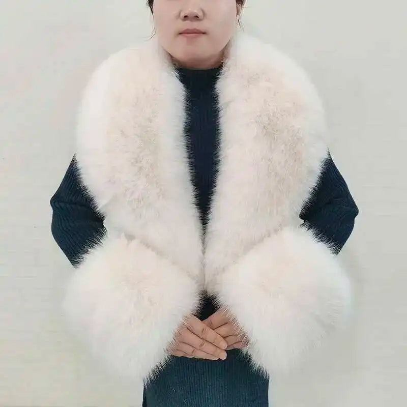 Large Winter Faux Fox Fur Scarf Women Jackets Warm Fluffy Shawl Fashion Artificial Fur Collar And Cuff Set Fluffy Scarves Female