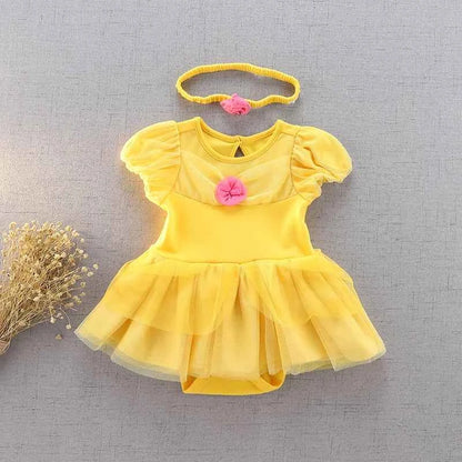 Baby Girl Birthday Outfit Set Short-sleeved Bodysuit Princess Romper Dress With Headband Yellow 3D Floral Girl Clothes 3-18M