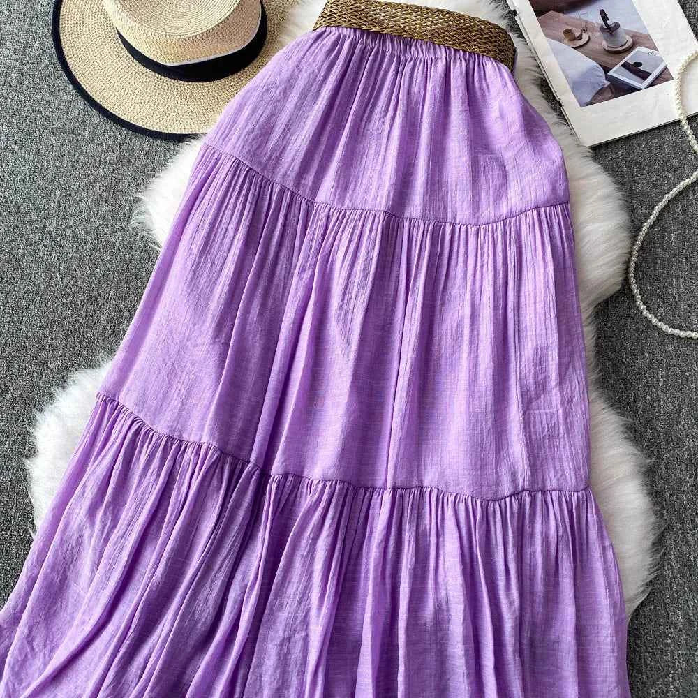White High Waist A-Line Midi Skirt Women's Summer Casual Flared Cake Skirt Korean Sle Baking Poer Skirt for Young Women