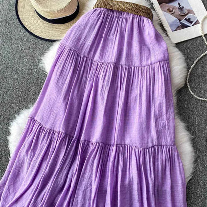 White High Waist A-Line Midi Skirt Women's Summer Casual Flared Cake Skirt Korean Sle Baking Poer Skirt for Young Women
