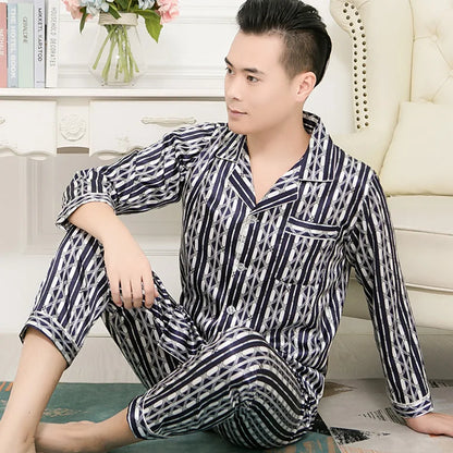 High Quality Pajamas Set Men Spring Autumn Thin Polyester Ice Silk Long-sleeved Sleepwear Plus Size Summer Home Clothes Male
