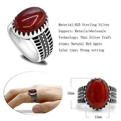 Türkiye Men's Handmade Ring S925 Silver Classic Vintage Natural Red Agate Fashion Holiday Jewelry Holiday Party Gift