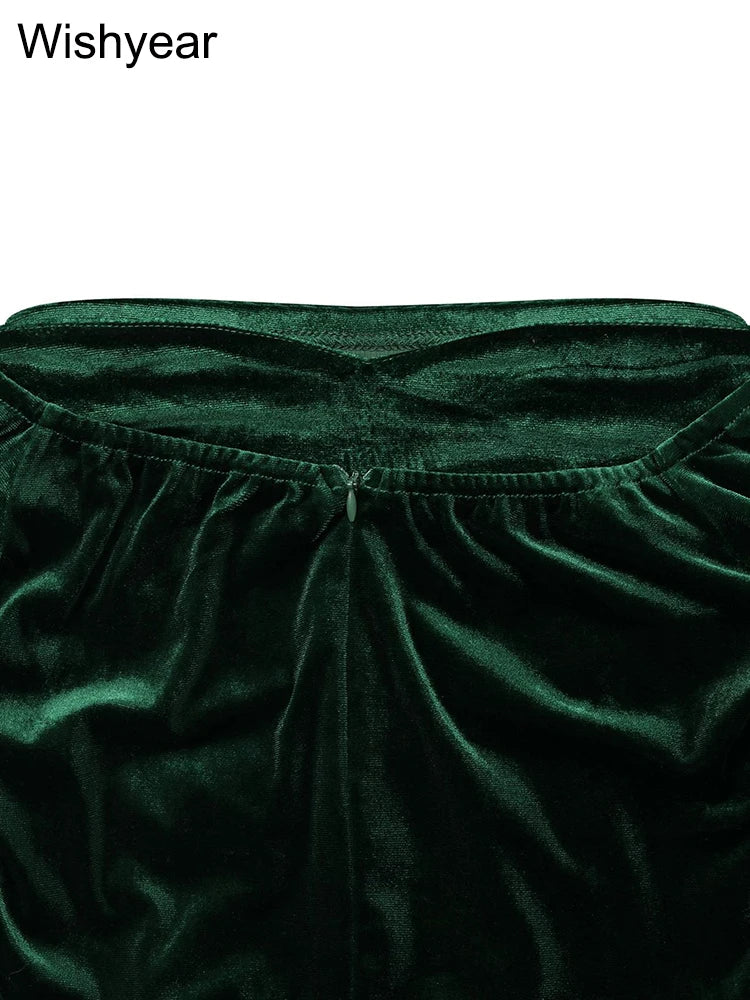 Elegant Women Velvet Off Shoulder Long Sleeve Ruched Split Mermaid Dress Luxury Wedding Evening Birthday Party Festival Vestidos - AMULET RING STORE