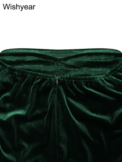 Elegant Women Velvet Off Shoulder Long Sleeve Ruched Split Mermaid Dress Luxury Wedding Evening Birthday Party Festival Vestidos - AMULET RING STORE