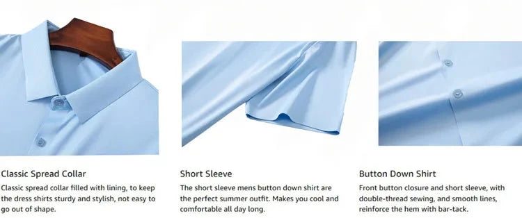 High Quality Summer Business Shirts For Men Short Sleeve Button Wrinkle Free Elasticity Social Black Office Dress Shirts US Size