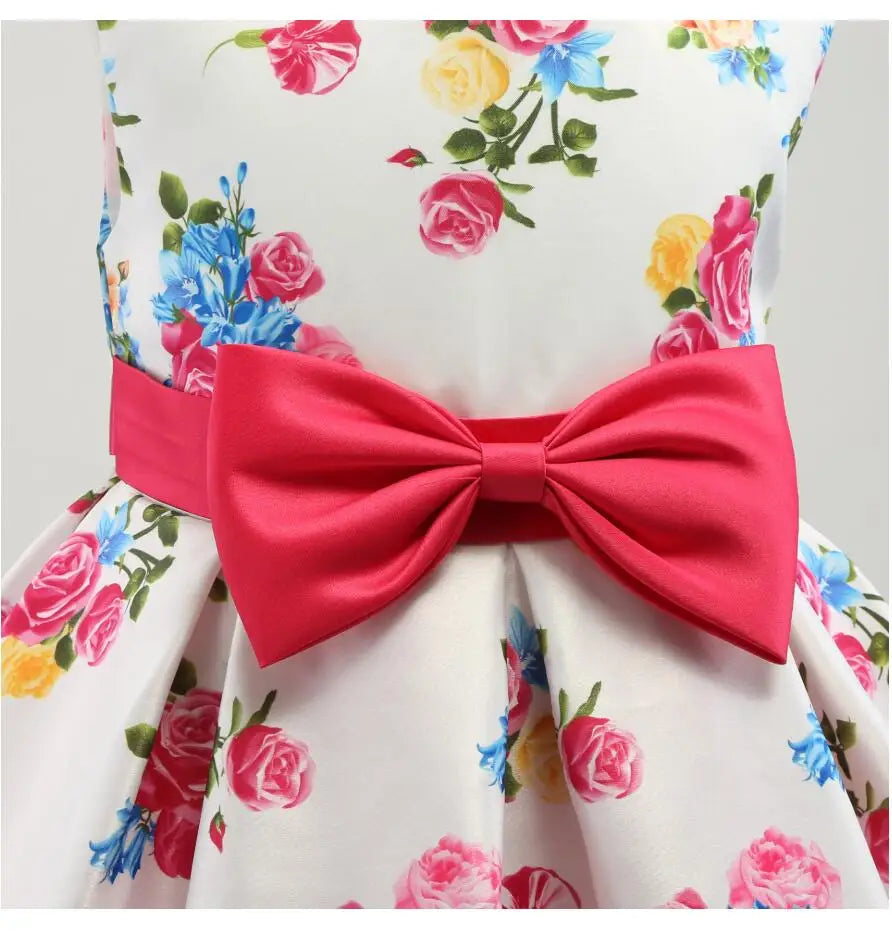 Summer Girls Rose Print Dress Princess Wedding Birthday Party Frocks Satin Children Vestidos Dresses For Girl Christmas Clothing