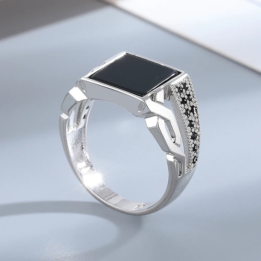 S925 Silver Jewelry Ring Natural Oval Rectangle Big Black Agate Stone Vintage Ring For Women Party Gifts