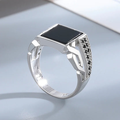 S925 Silver Jewelry Ring Natural Oval Rectangle Big Black Agate Stone Vintage Ring For Women Party Gifts