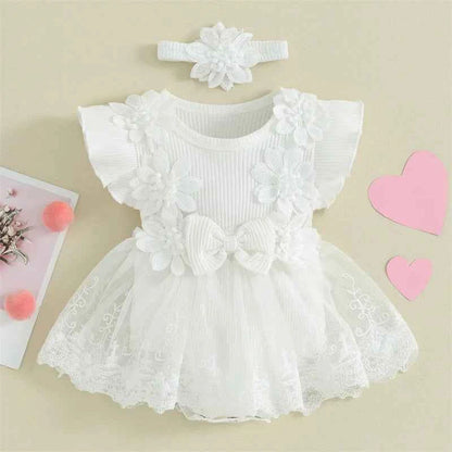 3D Flower Summer Baby Girls Romper Princess Mesh Newborn Clothes Lace Patchwork Ruffle Bodysuit Dress Headband Kids Clothing