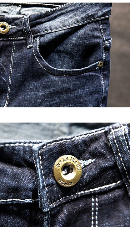 2025 New Ripped Jeans Men Slim-fit Denim Pants Cotton Korean Style Fashion Elasticity Versatile Blue Black Men's Clothing