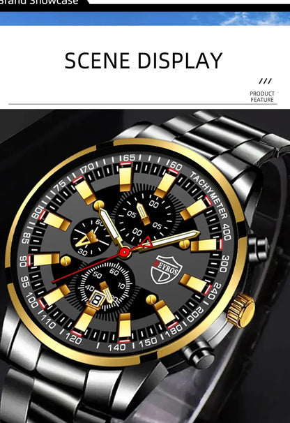 Luxury Men's Casual Fashion Business Gold Needle Digital Steel Band Quartz Watch Calendar Designed For Successful Men Classic - AMULET RING STORE